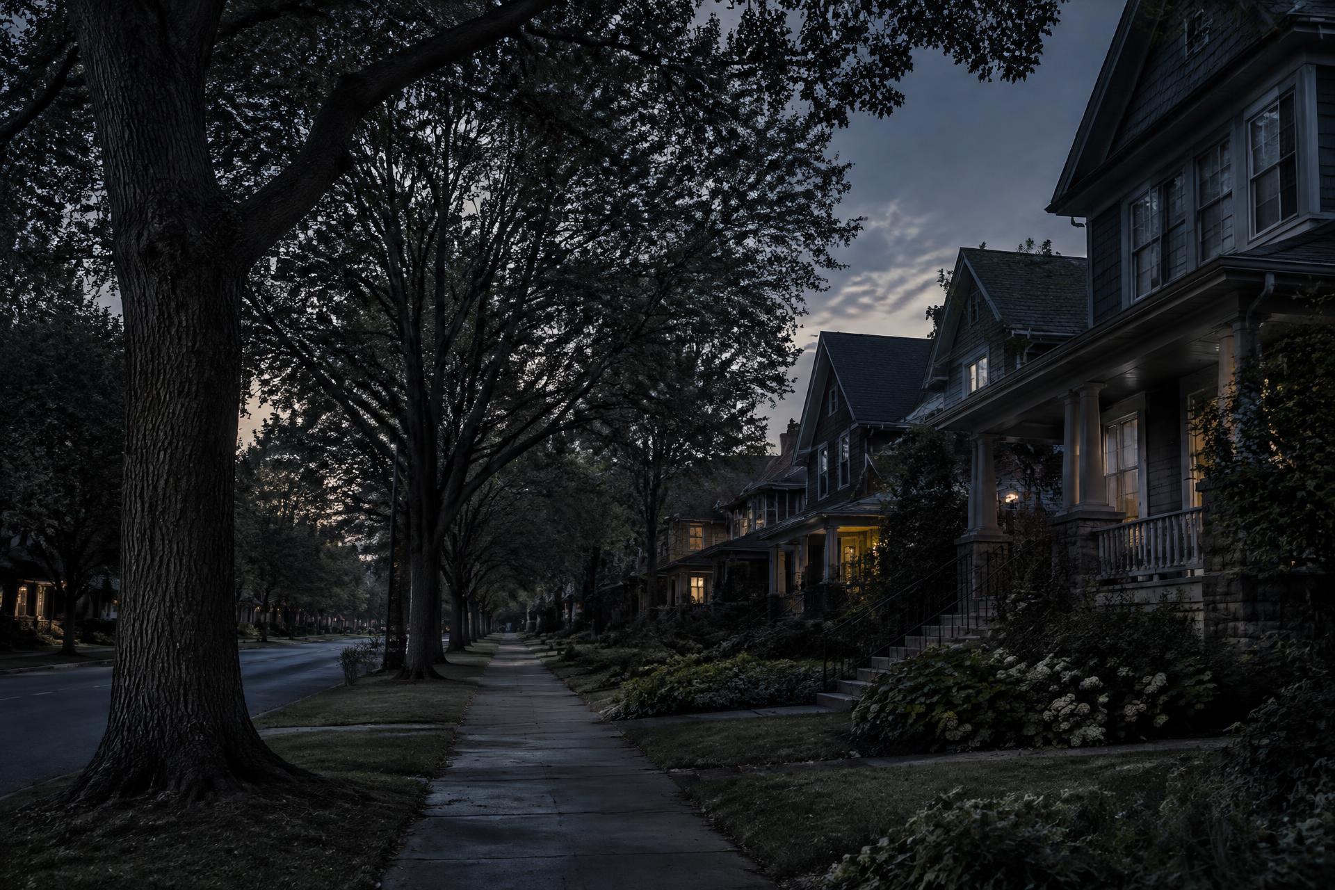 Residential street at dusk with lit windows